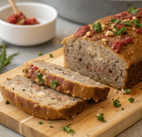 A freshly baked meatloaf sliced on a wooden cutting board, topped with a tangy tomato glaze and garnished with fresh parsley, with a small bowl of sauce in the background