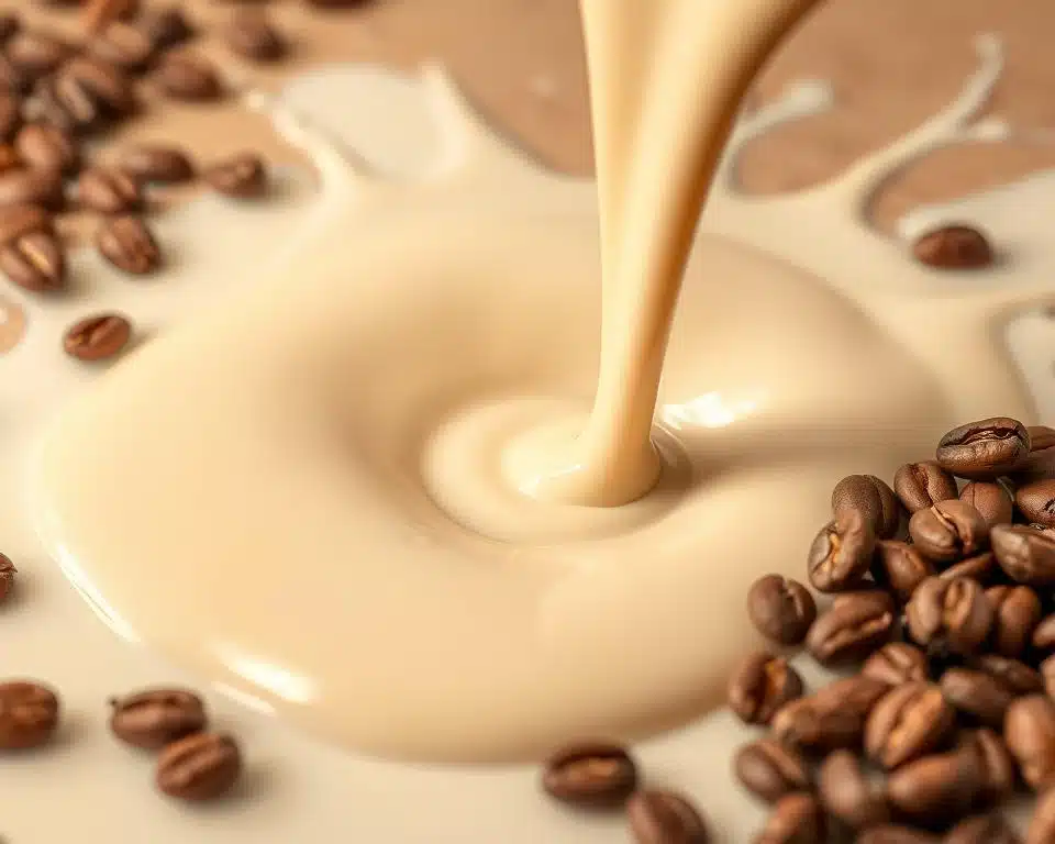 Pouring creamy milk into coffee beans, highlighting the rich and indulgent pairing of milk and chocolate flavors