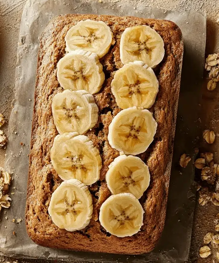 Close-up of a banana bread slice with chocolate chips and banana toppings on a plate