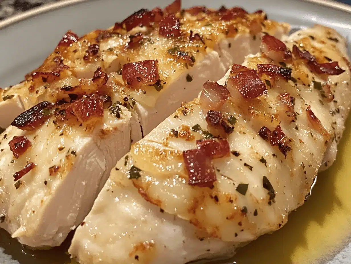 Baked rotisserie chicken breast topped with crispy bacon and herbs, drizzled with garlic-infused olive oil on a plate.