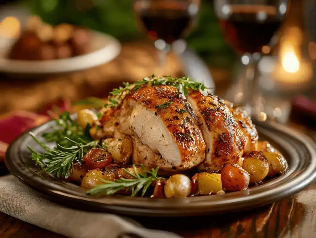 Herb-roasted rotisserie chicken served with roasted baby potatoes, garnished with fresh rosemary and thyme on a rustic plate