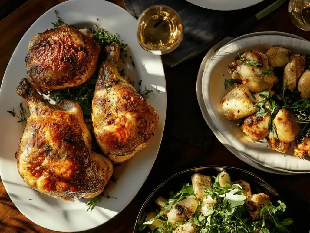 A platter of rotisserie chicken quarters served with roasted potatoes and fresh greens, perfect for a family-style meal