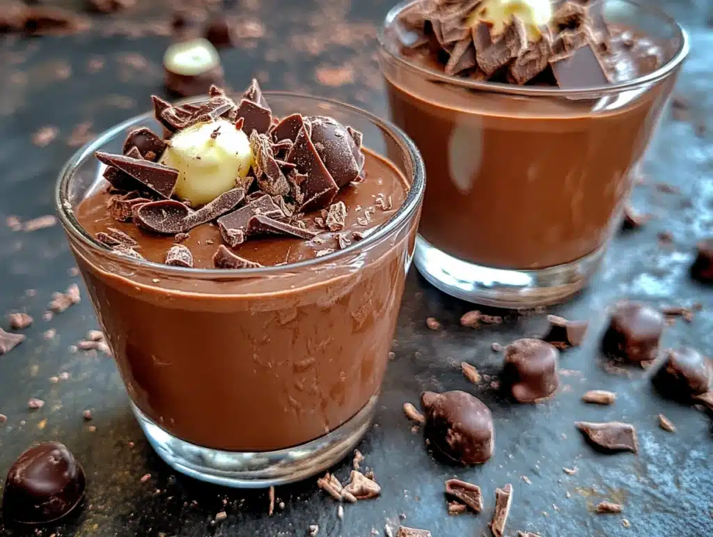 Decadent milk chocolate mousse topped with chocolate shavings and white chocolate spheres."