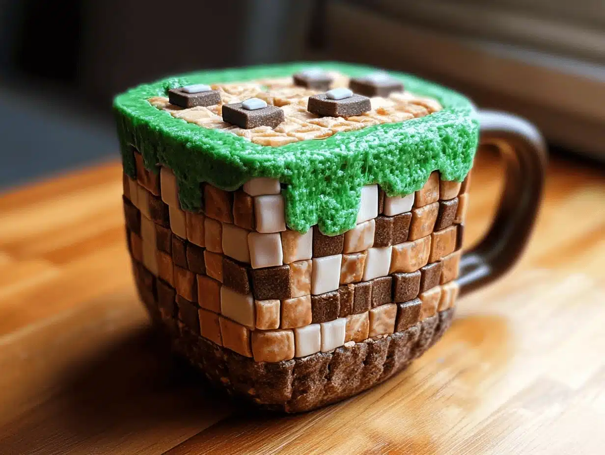 A Minecraft mug cake with detailed fondant decorations, including green vines, brown blocks, and mini character figures on top