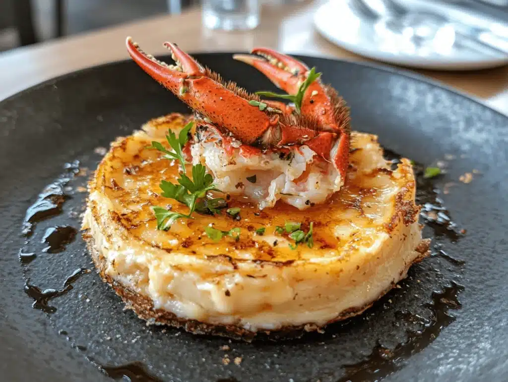Crab Brulee topped with a delicate crab claw garnish and drizzled with sauce on a black plate