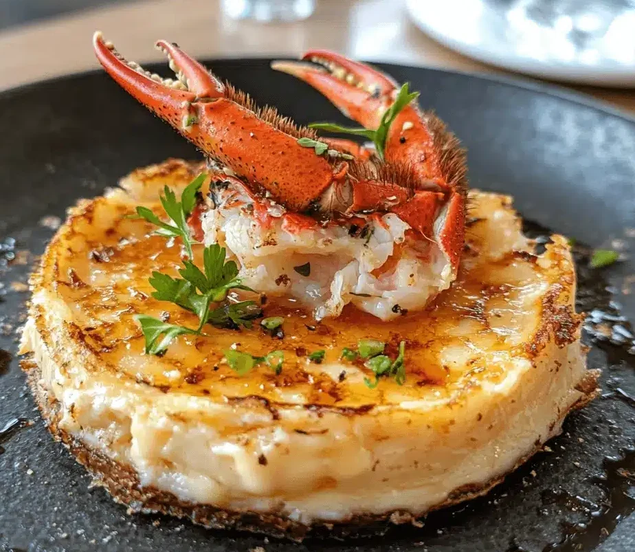 Crab Brulee topped with a delicate crab claw garnish and drizzled with sauce on a black plate