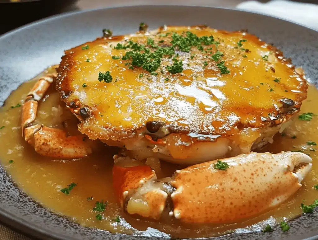 Rich Crab Brulee topped with caramelized sugar and garnished with parsley, served alongside crab claws
