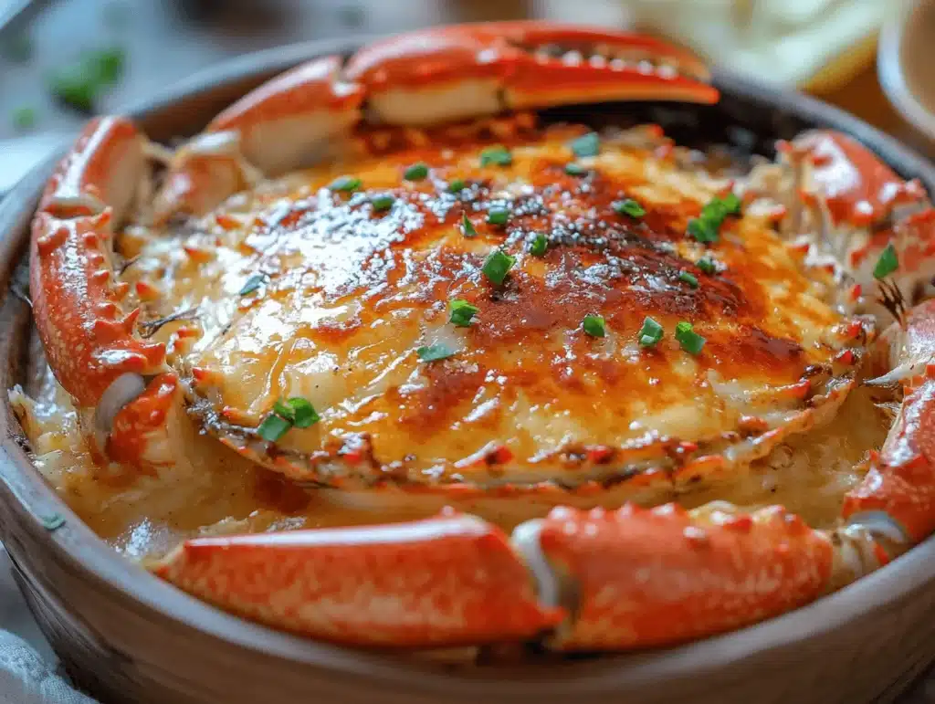 Elegant Crab Brulee served in a crab shell with caramelized topping and garnished with green onions