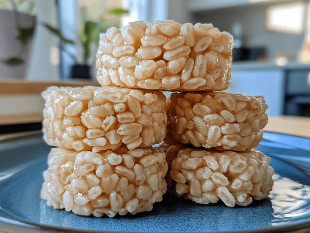Mini rice cakes stacked on a vibrant blue plate in a modern kitchen setting