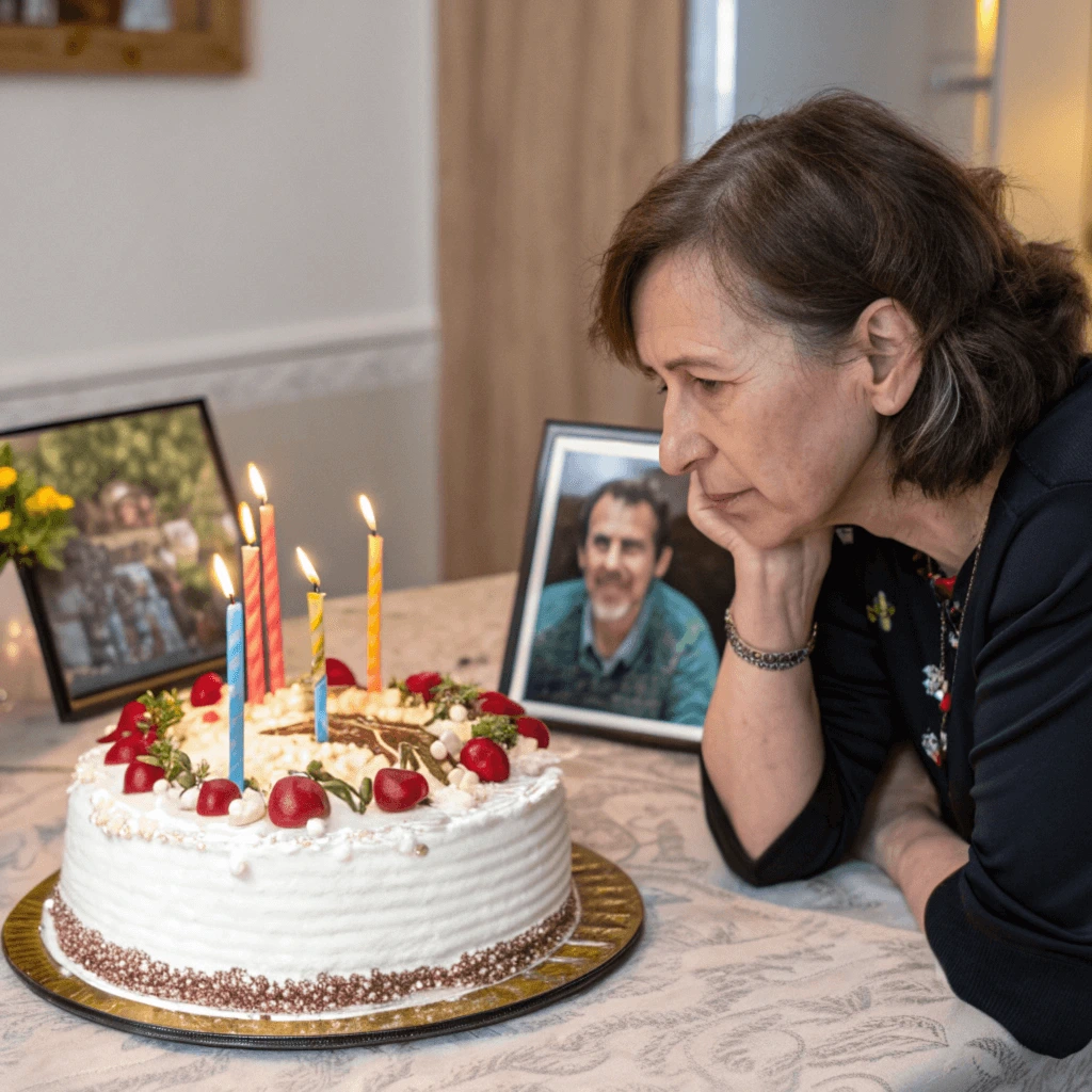 A thoughtful woman sits at a table, gazing at a beautifully decorated birthday cake with lit candles. Family photos, including one of a man, are displayed in the background.