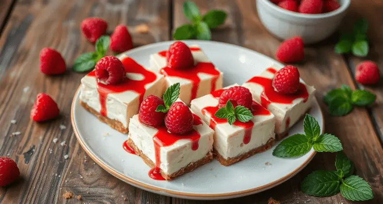 A plate of creamy cheesecake bars topped with fresh raspberries, drizzled with raspberry sauce, and garnished with mint leaves on a rustic wooden table