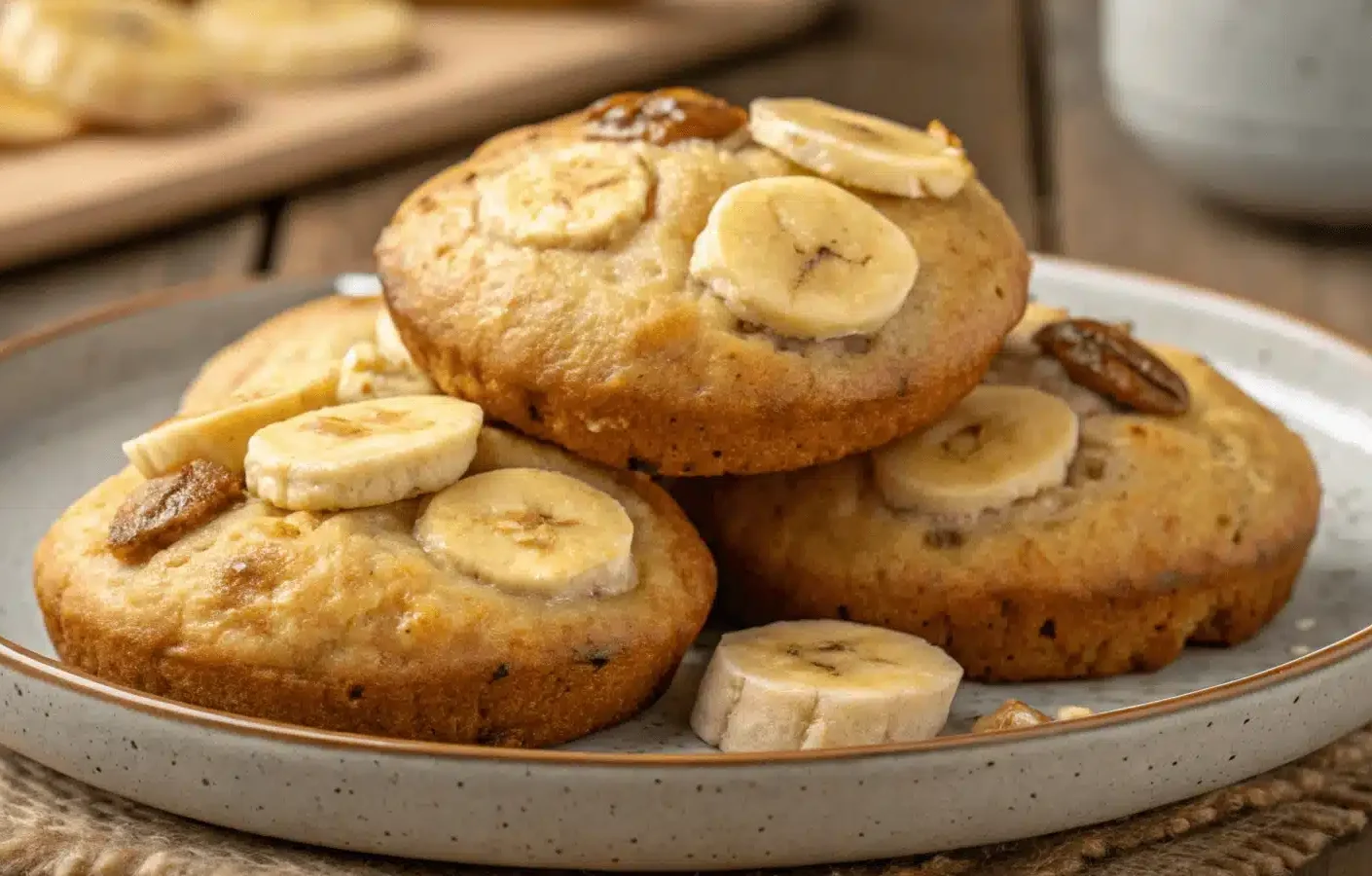 Banana bread muffin cookies with pecans and banana slices, served on a plate