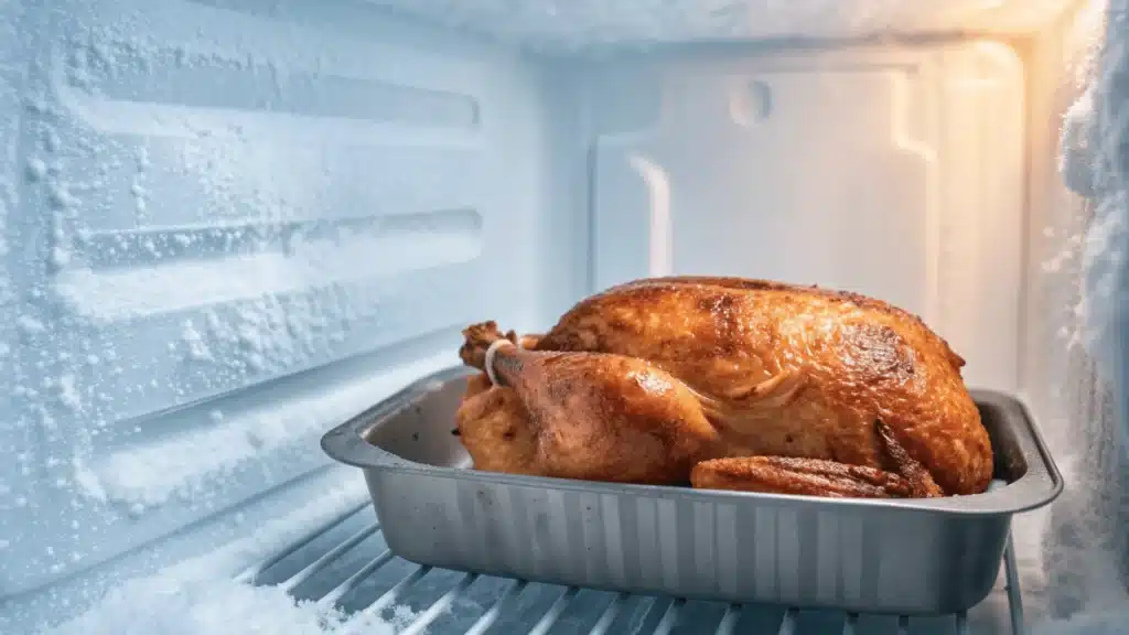 A frozen rotisserie chicken stored in a metal tray inside a freezer