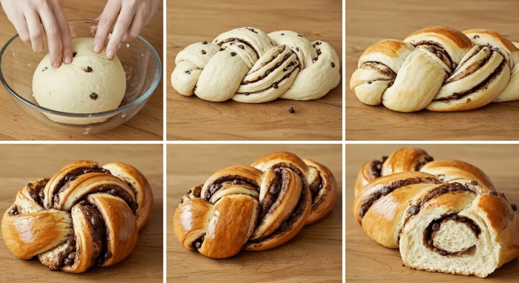 Step-by-step process of making chocolate chip braided bread