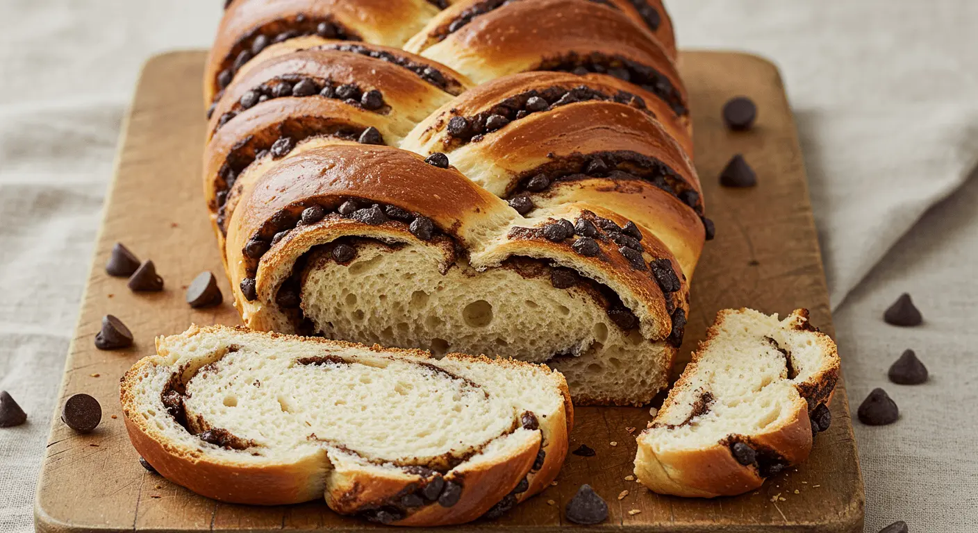 Chocolate chip braided bread on a wooden board