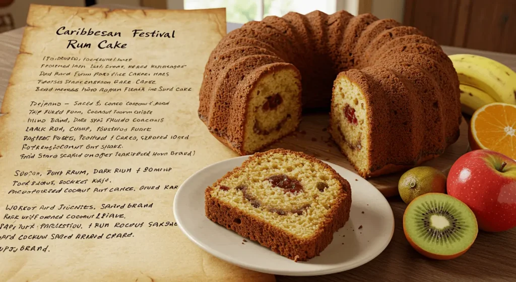 A photo of a rum cake, sliced and served with a variety of fruits. There is text in the background describing the ingredients and recipe.