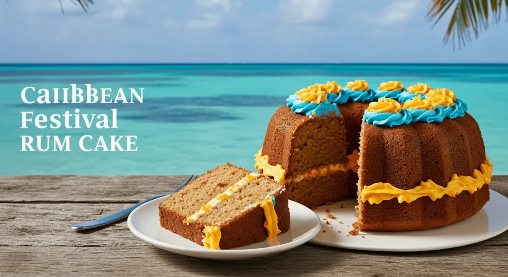 A photo of a Caribbean Festival Rum Cake on a wooden table with a beach and ocean in the background