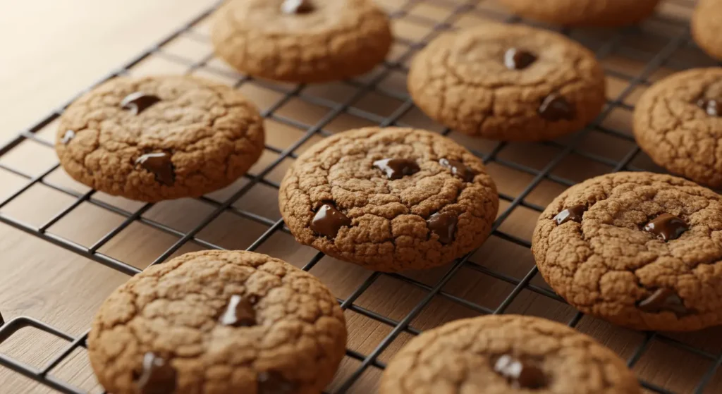 Golden brown cookies with melted chocolate chips on a wire rack