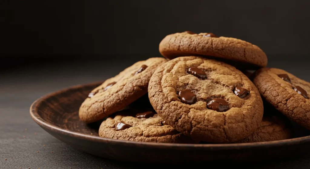 Chocolate chip cookies piled on a plate