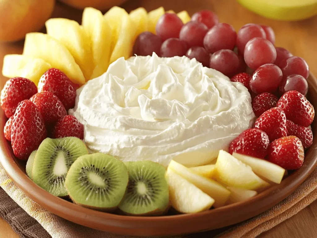 A platter with fresh fruits like strawberries, pineapple, kiwi, and grapes surrounding a bowl of creamy whipped fruit dip.