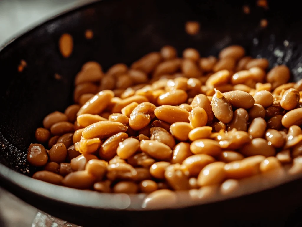 Close-up of baked beans cooking in a cast iron skillet.