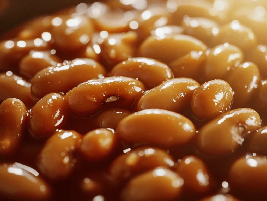 Extreme close-up of glossy baked beans in a rich sauce.