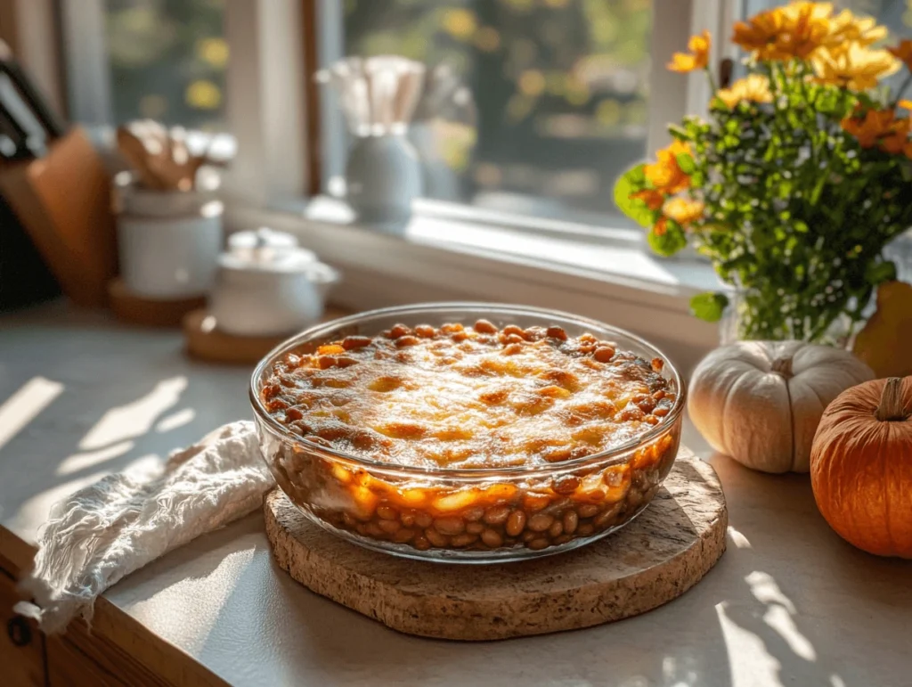 Baked beans topped with melted cheese in a glass dish on a sunny kitchen counter.