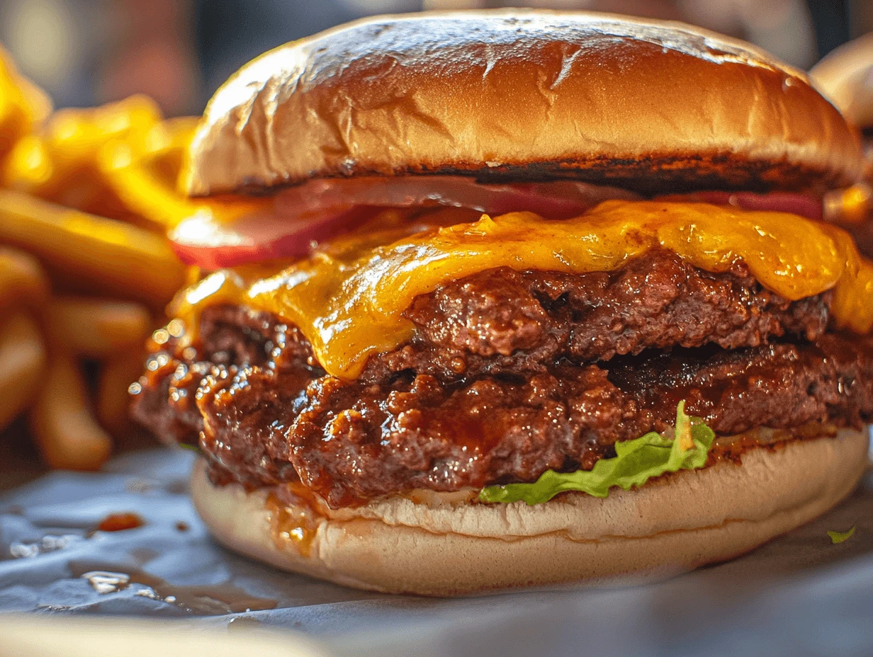 Close-up of a juicy double cheeseburger with melted cheddar, lettuce, and tomato on a toasted bun, served with a side of golden fries.