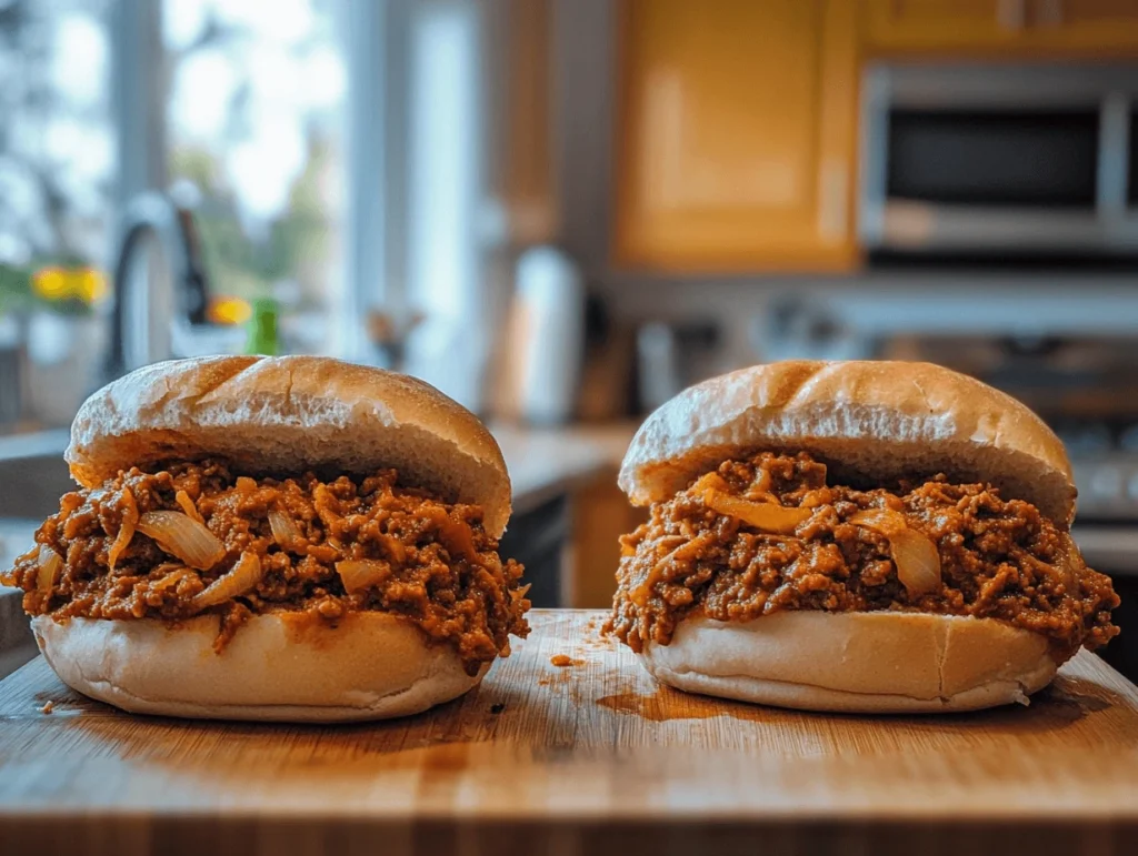 Two sloppy joe sandwiches filled with seasoned ground meat and onions on fresh buns, served on a wooden board in a cozy kitchen setting.