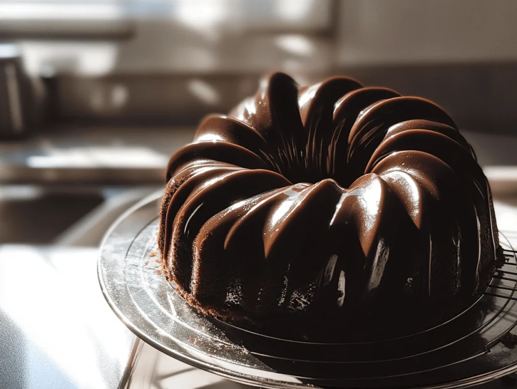 Chocolate bundt cake with a glossy ganache glaze.