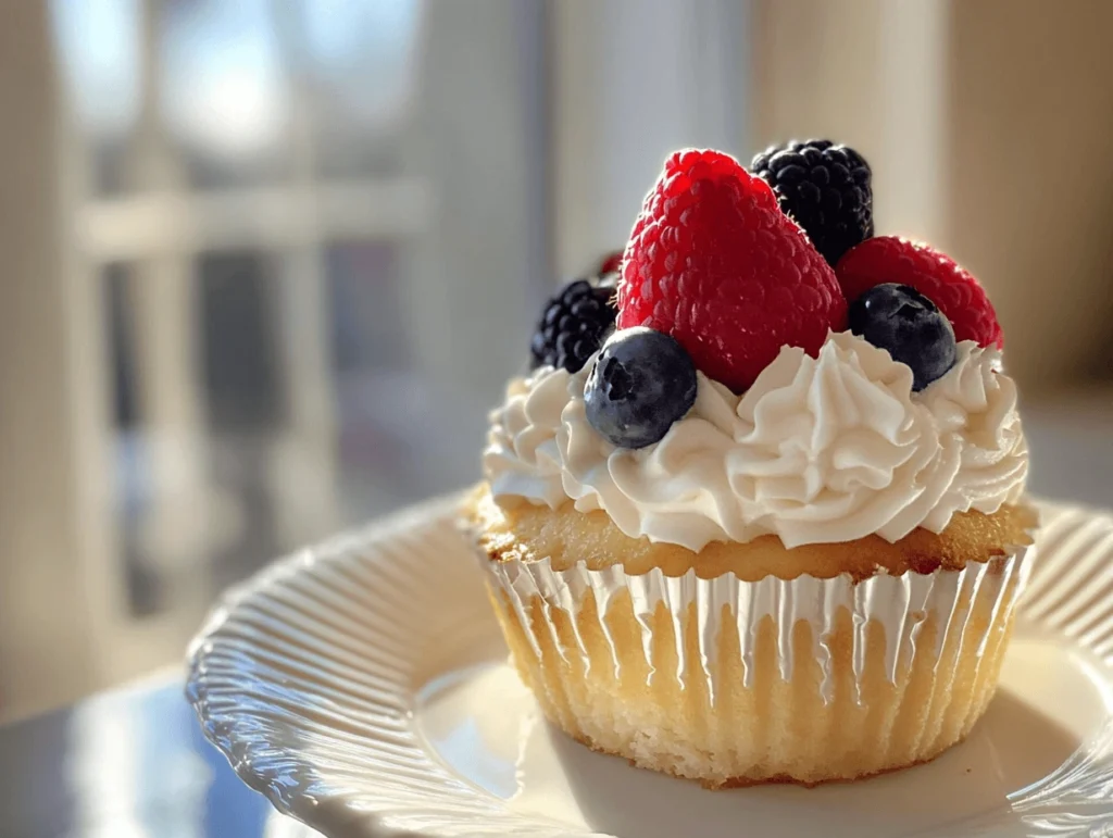 Vanilla cupcake with fresh berries and whipped cream topping.