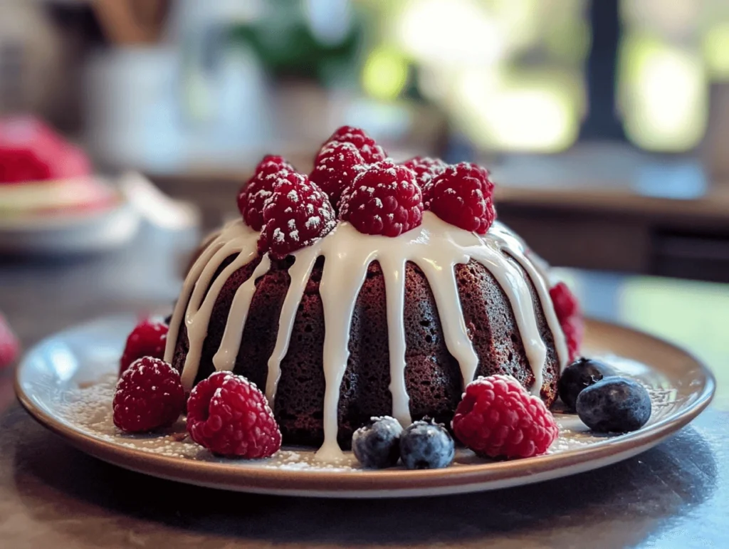 Mini bundt cake with white icing and fresh raspberries.