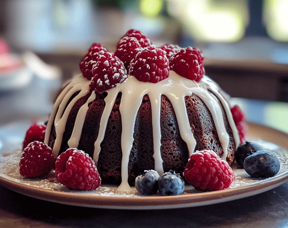 Mini bundt cake with white icing and fresh raspberries.