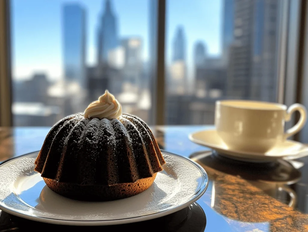 Mini bundt cake with frosting on a plate, with a cityscape in the background.