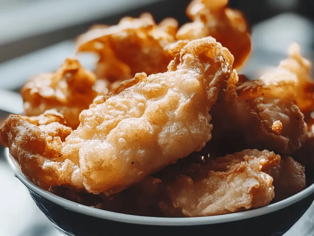 Golden battered fish pieces served in a bowl.