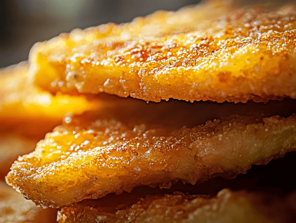 Close-up of crispy golden fish fillets stacked together.