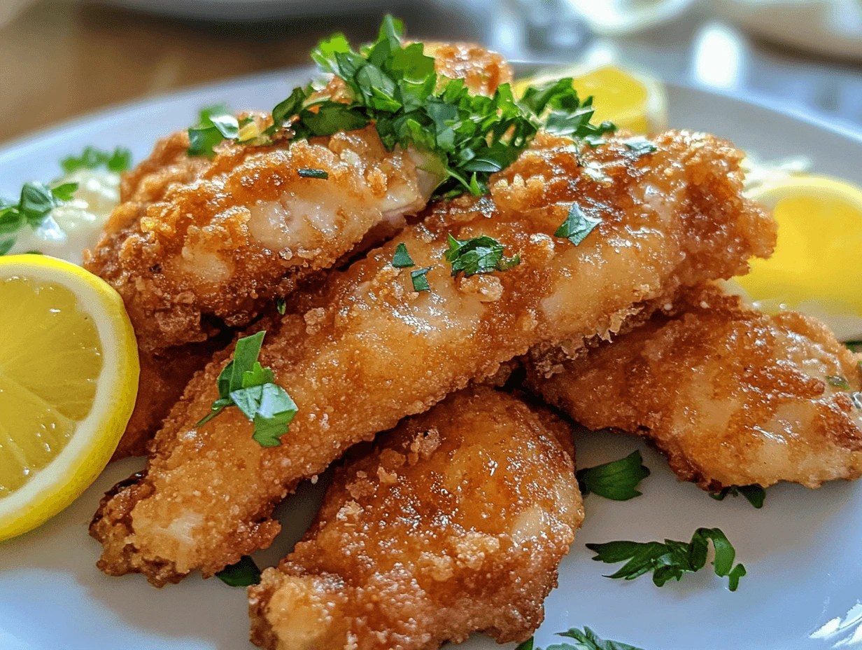 Crispy fried chicken garnished with parsley and served with lemon wedges on a white plate.