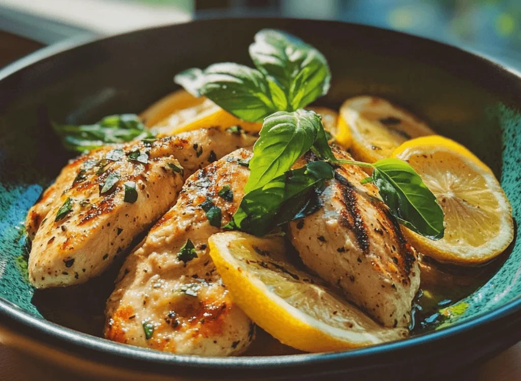 Grilled chicken fillets with lemon slices and fresh basil leaves in a blue ceramic bowl