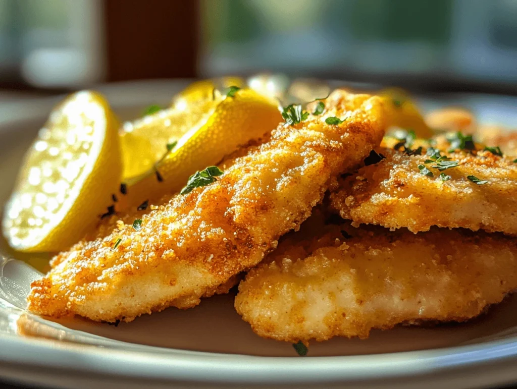 Golden breaded chicken with fresh lemon slices and garnished parsley on a white plate.