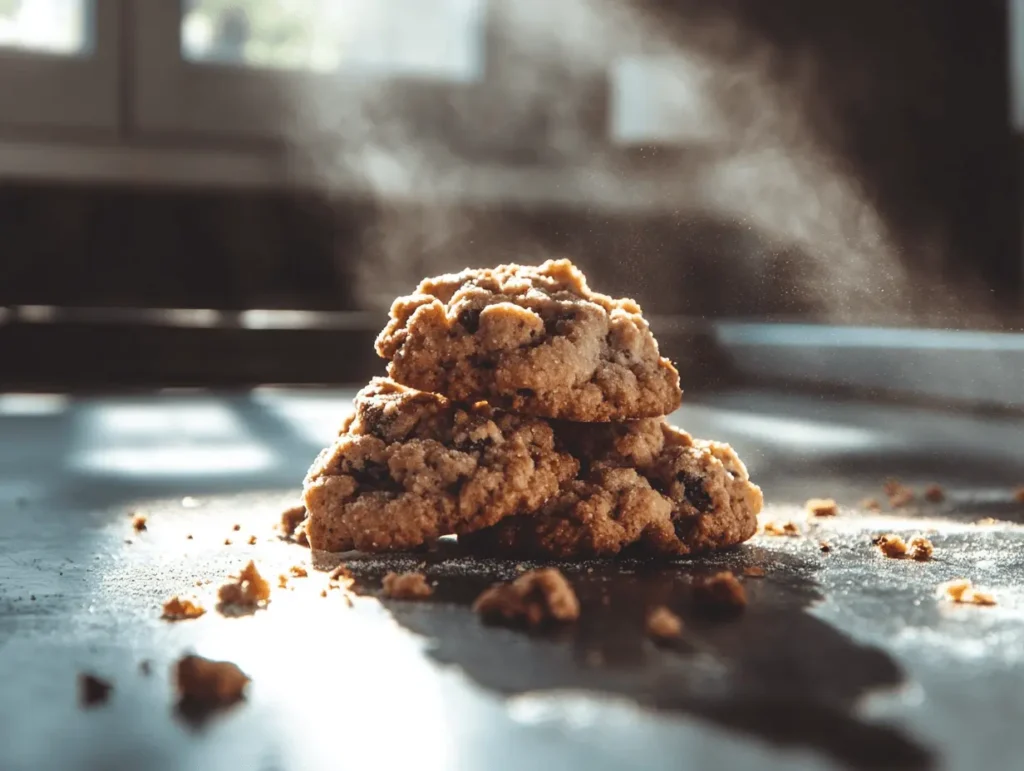 A stack of freshly baked chocolate chip cookies with sunlight streaming in the background.