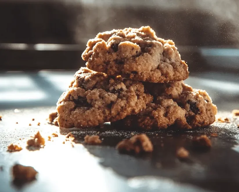 A stack of freshly baked chocolate chip cookies with sunlight streaming in the background.