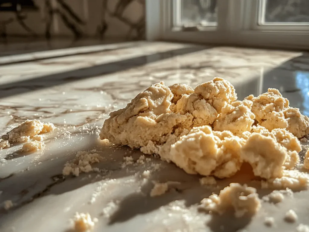 A close-up of crumbly cookie dough on a marble countertop.