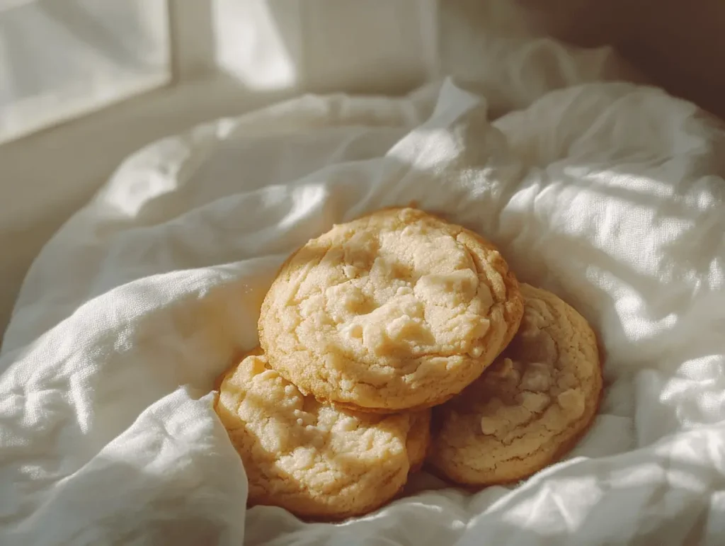 Golden-brown sugar cookies placed on a soft white cloth.