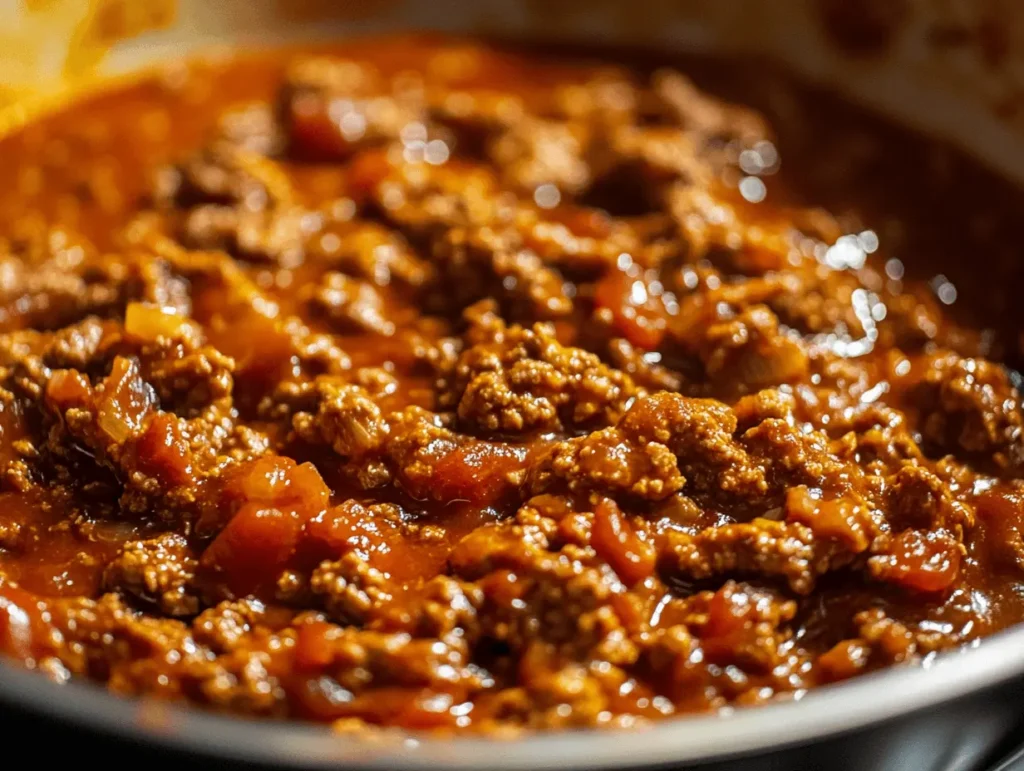 Close-up of a skillet filled with rich, saucy Sloppy Joe meat simmering to perfection.