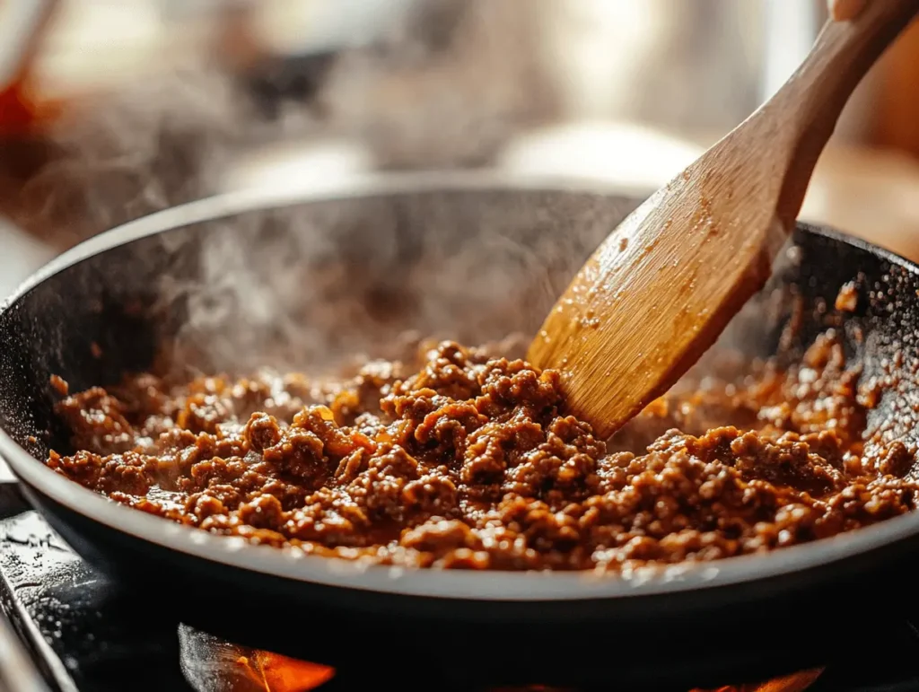 Wooden spoon stirring a steaming skillet of Sloppy Joe meat mixture on a stovetop.