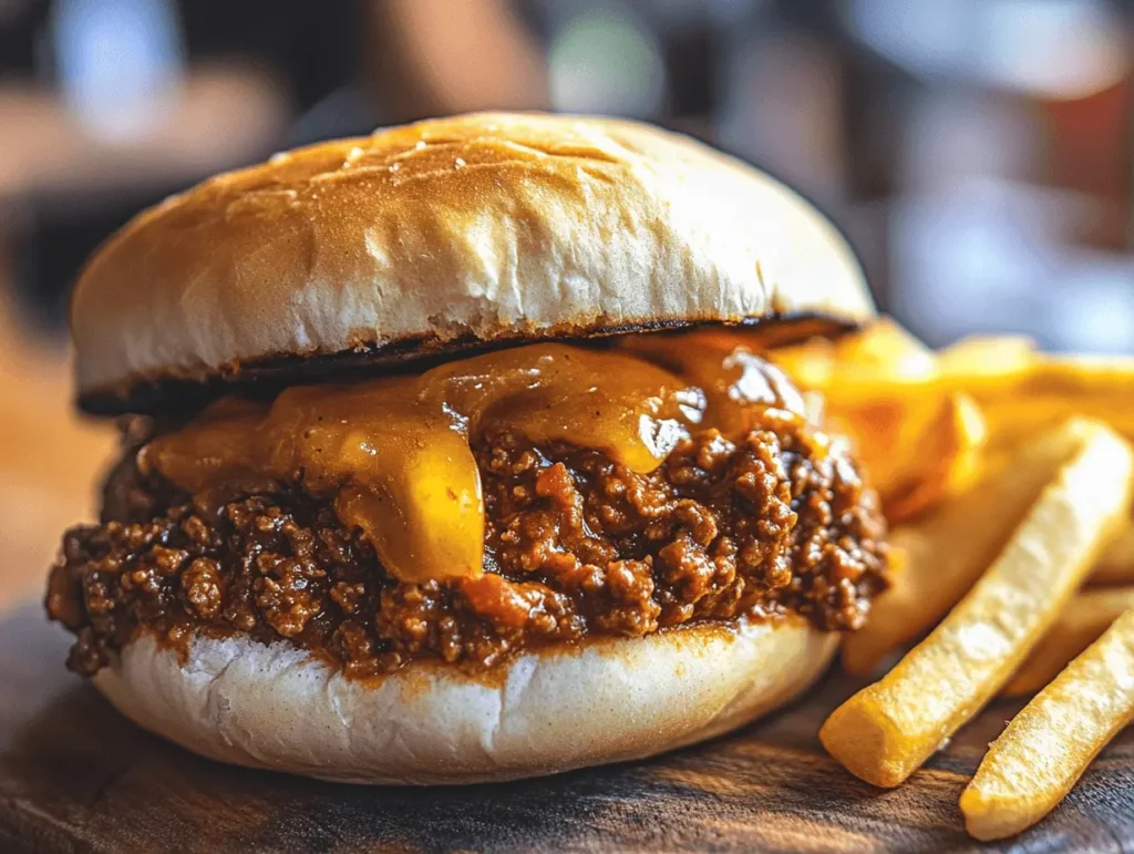 A Sloppy Joe sandwich with melted cheddar cheese served with crispy golden fries on a wooden board.