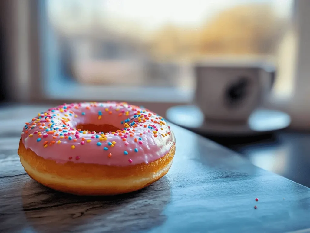 A pink frosted doughnut with colorful sprinkles, sitting on a marble counter with a blurred coffee cup in the background