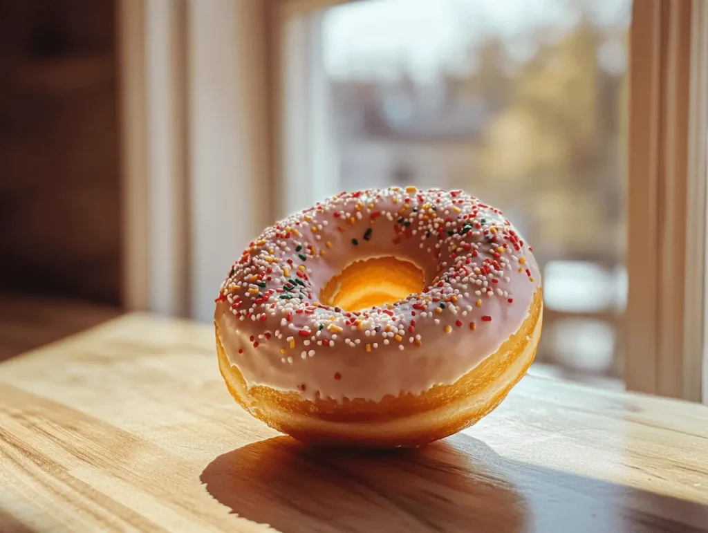 A white frosted doughnut topped with rainbow sprinkles, placed on a wooden surface with soft sunlight filtering through the window.