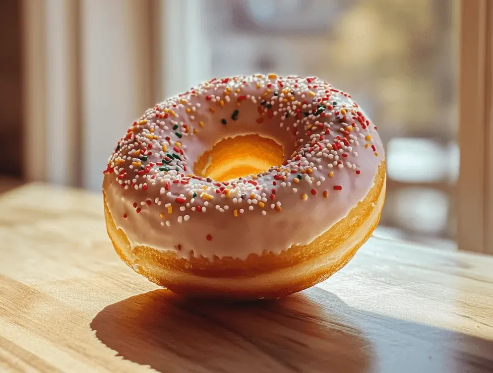 A white frosted doughnut topped with rainbow sprinkles, placed on a wooden surface with soft sunlight filtering through the window.