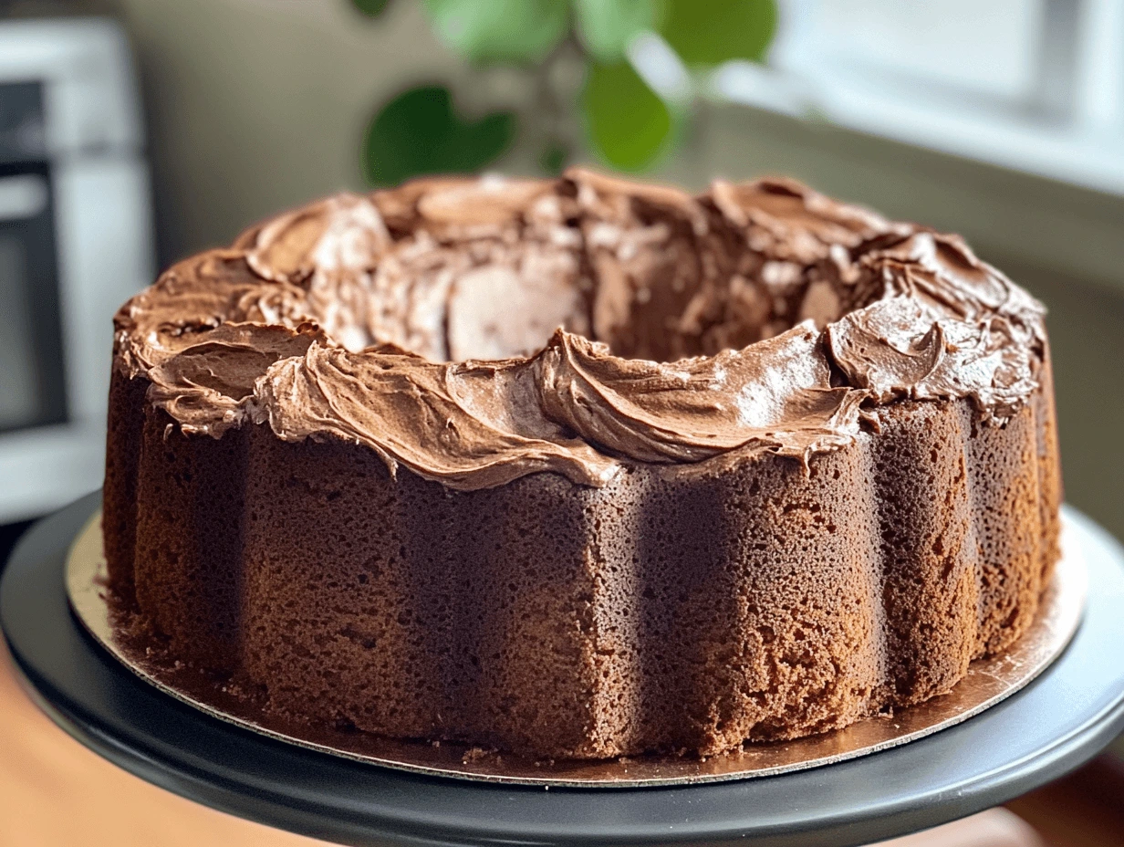 Chocolate cream cheese pound cake baked in a bundt pan and frosted with creamy chocolate icing.